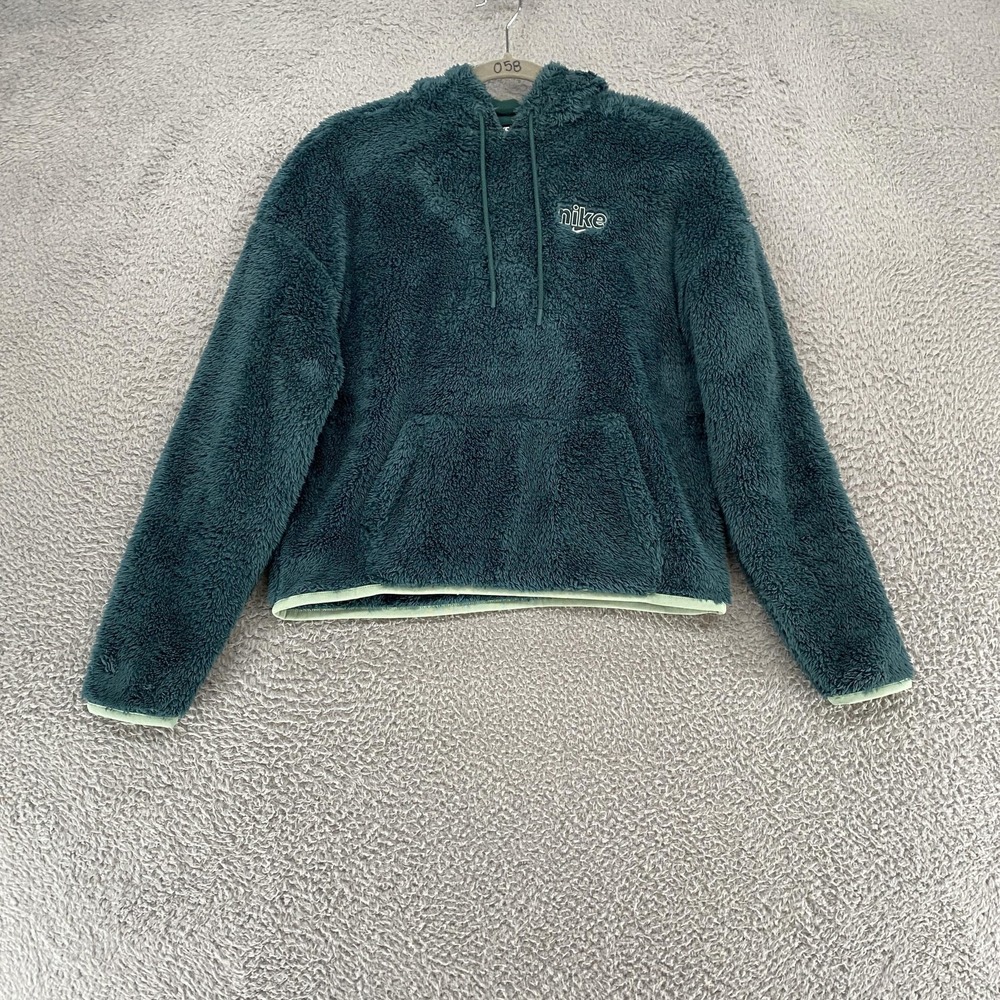 Nike Hoodie Womens XS Teal High Pile Fleece‎ Pullover Boxy Crop Cozy Drawstring